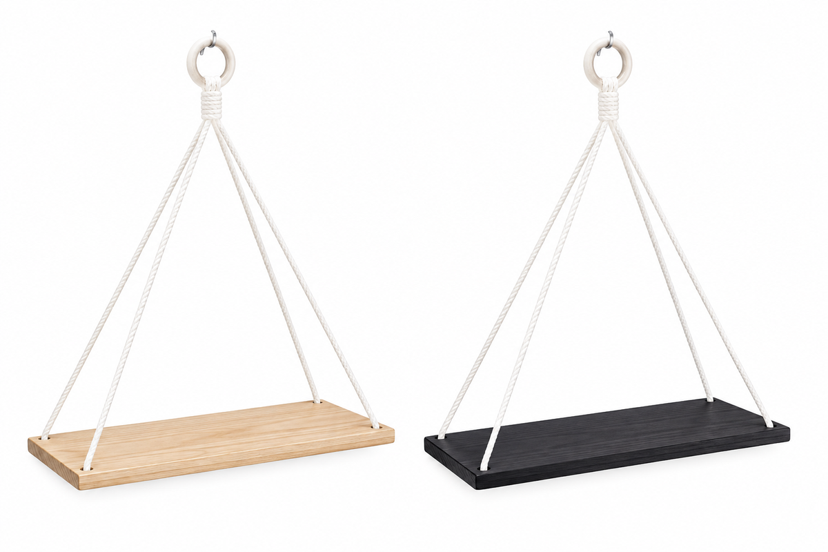 Étagère murale macramé – coloris naturel et noir sur fond blanc