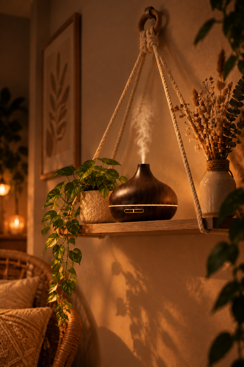 Étagère macramé boho avec diffuseur huile essentielle - ambiance cozy nuit